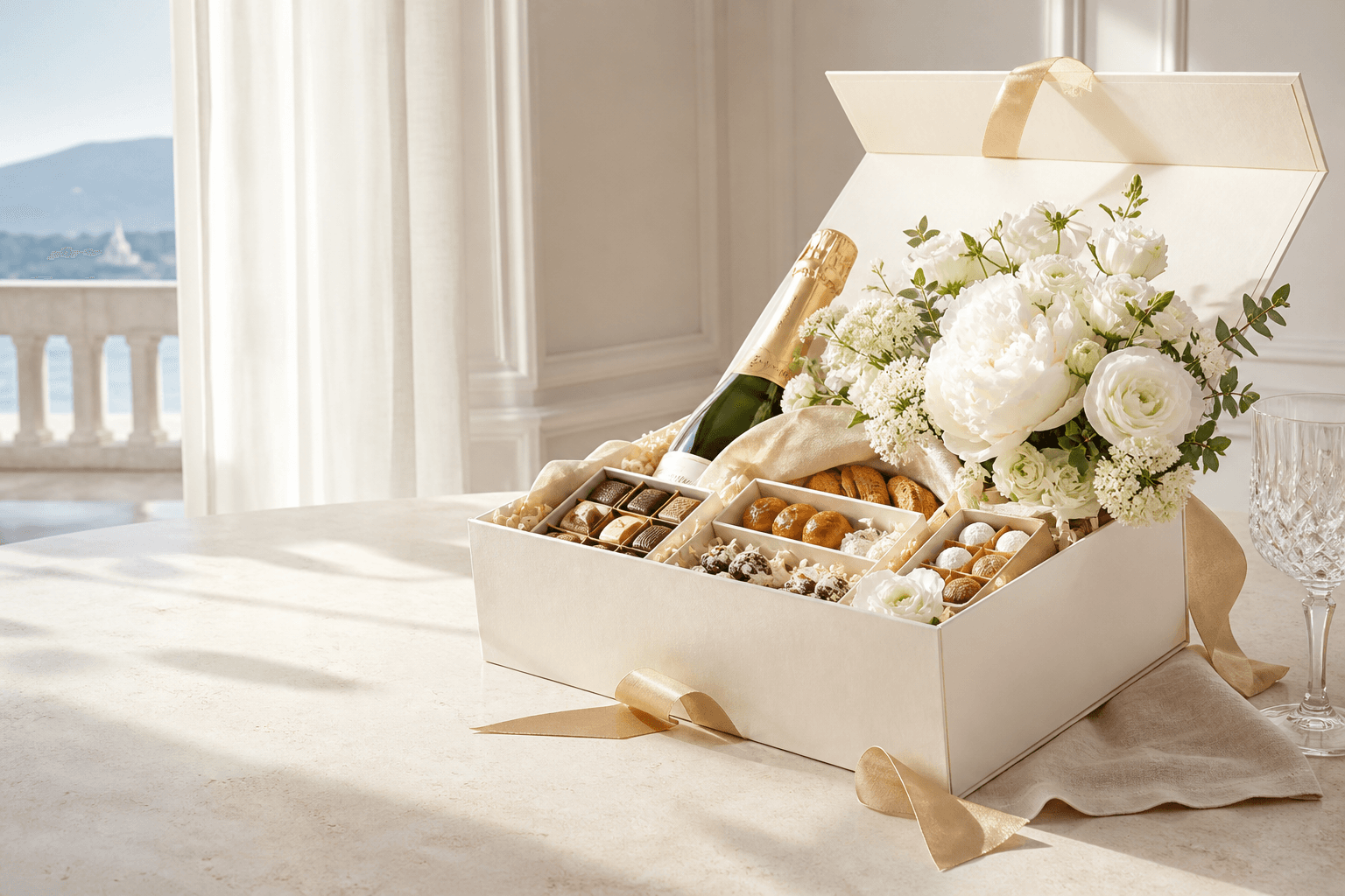 Ivory Maison Panier gift box with white flowers and delicacies in morning light